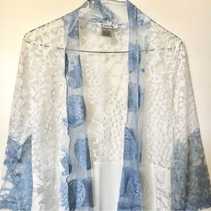 Gorgeous NWOT Ania A Cover Boho Kimono Blue/White Lace Crochet Duster, Sz S
